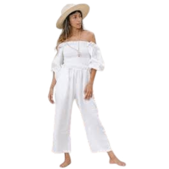 NWT Myrah Penaloza Barcelona Linen Off The Shoulder Ruffle White Playsuit OS - Picture 2 of 4